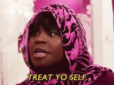 Woman In Pink Leopard Scarf Says Treat Yo Self GIF