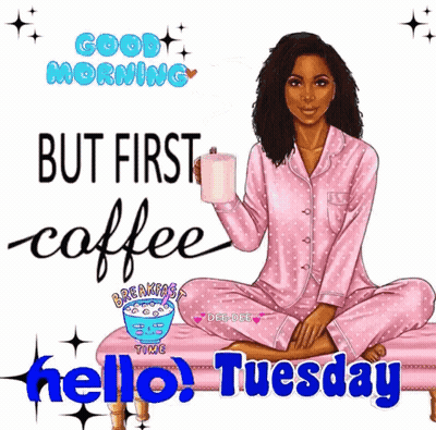 Woman In Pink Pajamas Sitting On Couch Holding Coffee Saying Good Morning But First Coffee GIF