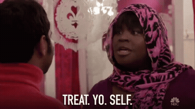 Woman In Pink Scarf Says Treat Yo Self GIF