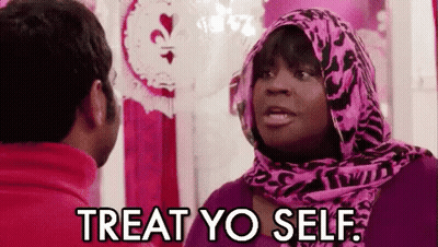 Woman In Pink Scarf Says Treat Yo Self In Pink Room GIF