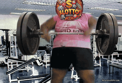 Woman In Pink Shirt Lifting Barbell With Lotto Sign On Head GIF