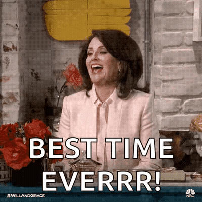 Woman In Pink Suit Laughing Saying Best Time Ever GIF