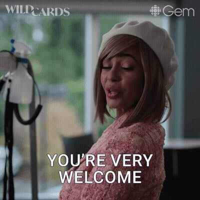 Woman In Pink Sweater And White Beret Says You're Welcome GIF