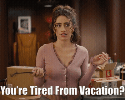 Woman In Pink Sweater Says You're Tired From Vacation GIF