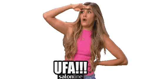 Woman In Pink Tank Top Standing In Front Of Ufa Salon Sign Sticker
