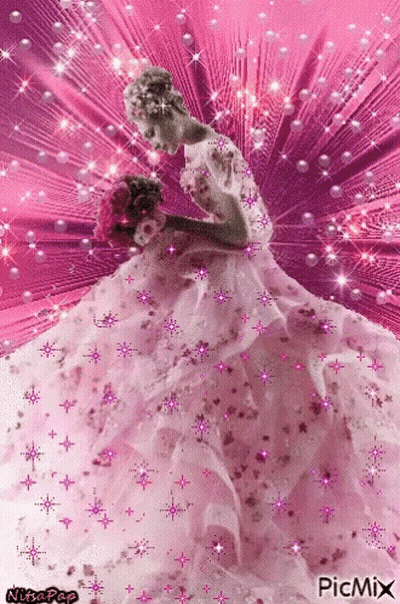 Woman In Pink Wedding Dress Holding Bouquet GIF