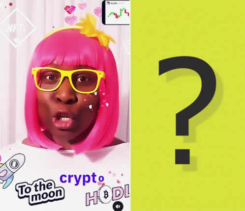 Woman In Pink Wig And Yellow Glasses Saying To The Moon Crypto And Hodl GIF