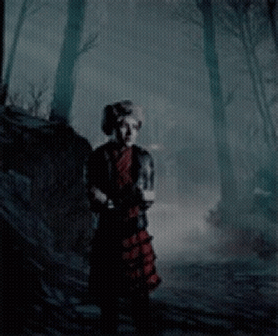 Woman In Plaid Dress In Foggy Forest GIF