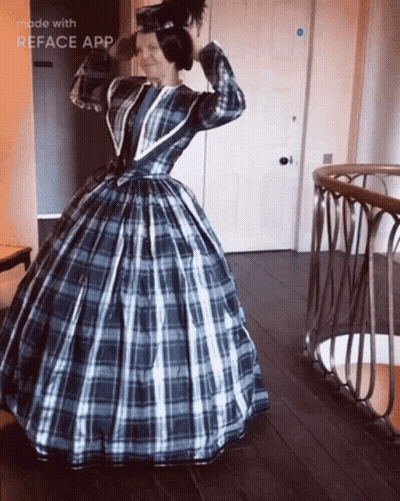 Woman In Plaid Dress Standing In Reface Room GIF