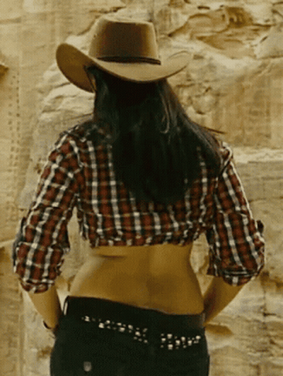 Woman In Plaid Shirt And Cowboy Hat GIF
