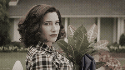 Woman In Plaid Shirt Holding Plant By Disney+ Sign GIF
