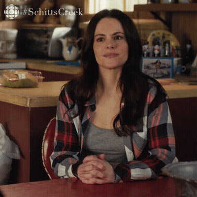 Woman In Plaid Shirt Sitting At Table With Schittscreek GIF