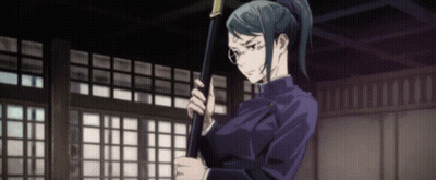 Woman In Ponytail Holding Sword In Room With Windows GIF