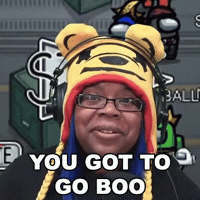 Woman In Pooh Hat And Headphones Saying You Got To Go Boo GIF