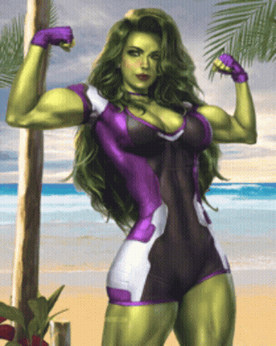 Woman In Purple And Black Swimsuit Flexing Muscles GIF