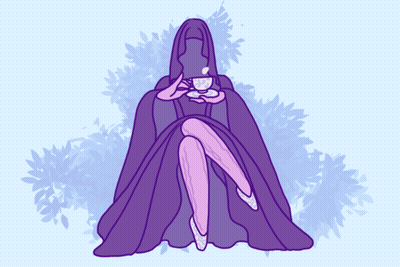 Woman In Purple Cape Drinking Tea GIF