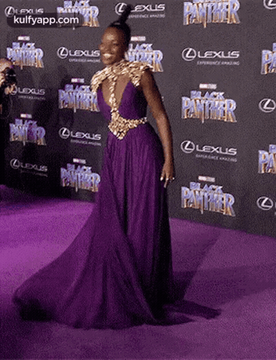 Woman In Purple Dress At Black Panther Premiere GIF