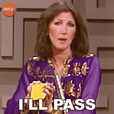 Woman in Purple Dress Holding Yellow Object Says I'll Pass