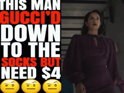 Woman In Purple Dress Next To Sign Saying This Man Gucci'd Down GIF