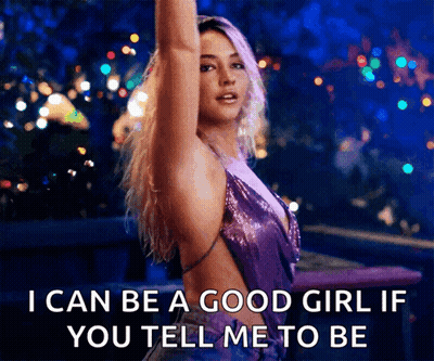 Woman In Purple Dress Saying I Can Be A Good Girl GIF