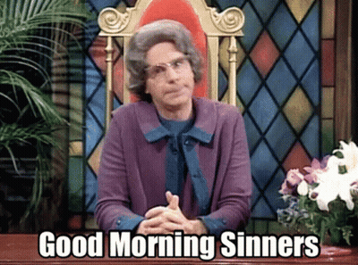 Woman In Purple Jacket Saying Good Morning Sinners At Stained Glass GIF