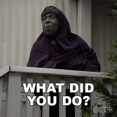Woman In Purple Scarf On Balcony Asking What Did You Do GIF