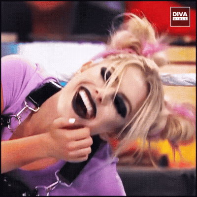 Woman In Purple Shirt Laughing In Front Of Diva Girls Logo GIF