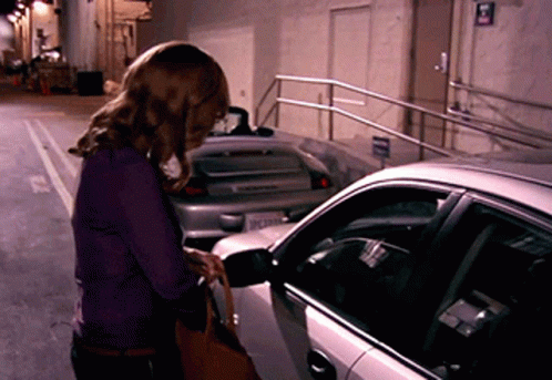 Woman In Purple Shirt Next To Car GIF