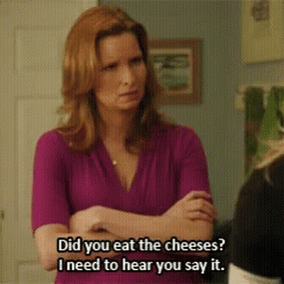Woman In Purple Shirt Says Did You Eat The Cheeses GIF