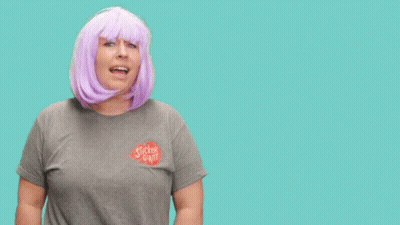 Woman In Purple Wig And Sticker Eight Shirt GIF