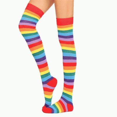 Woman In Rainbow Striped Thigh High Socks GIF