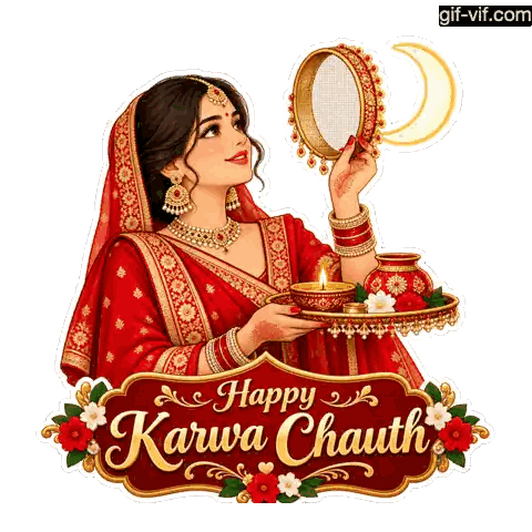 Woman In Red And Gold Dress Holding Mirror And Candle Happy Karwa Chauth Sticker