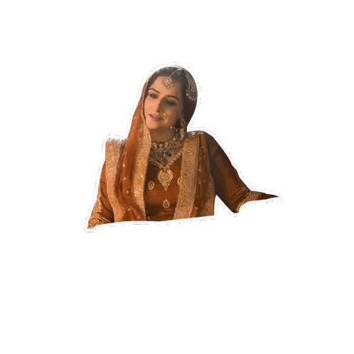 Woman In Red And Gold Dress With Foreign Text Sticker