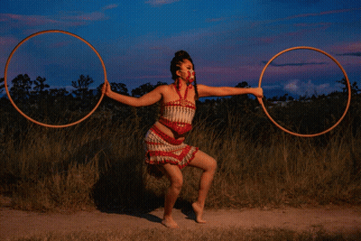 Woman In Red And White Dress Holding Two Hoops GIF