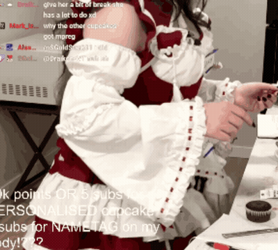 Woman In Red And White Dress Sitting At Table With Cupcake GIF