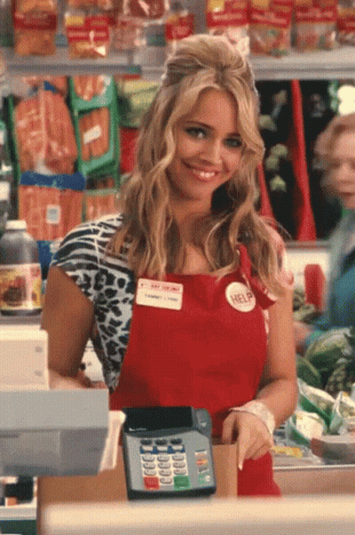 Woman In Red Apron With Help Badge GIF