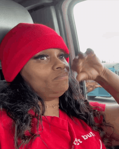 Woman In Red Beanie Red T-Shirt Just But GIF