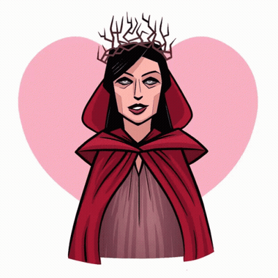 Woman In Red Cape And Crown Of Thorns GIF