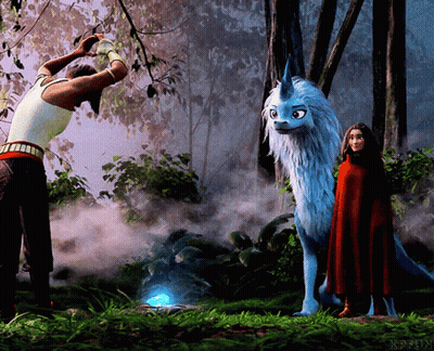 Woman In Red Cape Next To Blue And White Animal GIF