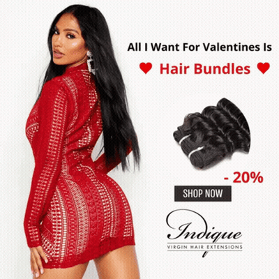 Woman In Red Dress Advertising Virgin Hair Extensions GIF