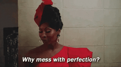 Woman In Red Dress Asking Why Mess With Perfection GIF