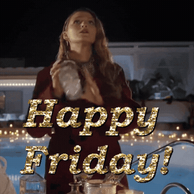 Woman In Red Dress At Pool With Happy Friday Gold Glitter GIF