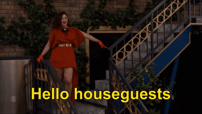 Woman In Red Dress Hello Houseguests On Stairs GIF
