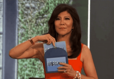 Woman In Red Dress Holding Big Brother Sign GIF