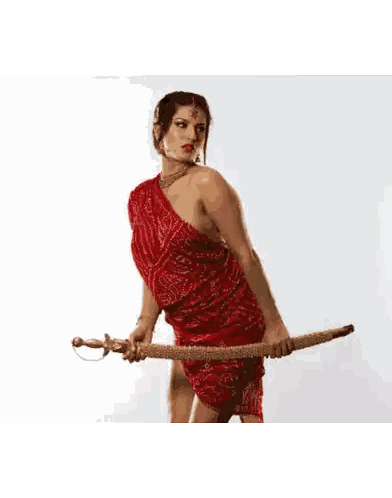 Woman In Red Dress Holding Sword Sticker