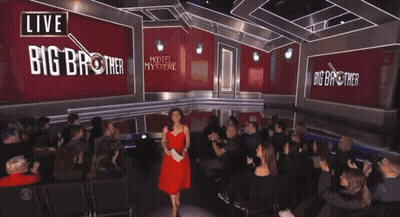 Woman In Red Dress In Front Of Big Brother Sign GIF