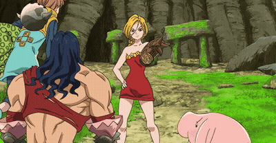 Woman In Red Dress In Front Of Cartoon Characters GIF