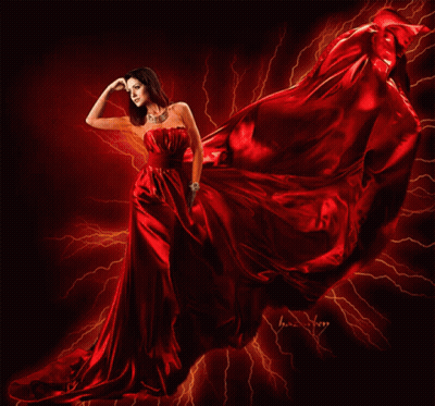 Woman In Red Dress In Front Of Lightning GIF