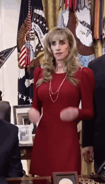 Woman In Red Dress In Front Of U.S. Army Flag GIF