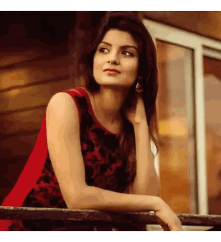 Woman In Red Dress Leaning On Railing Sticker